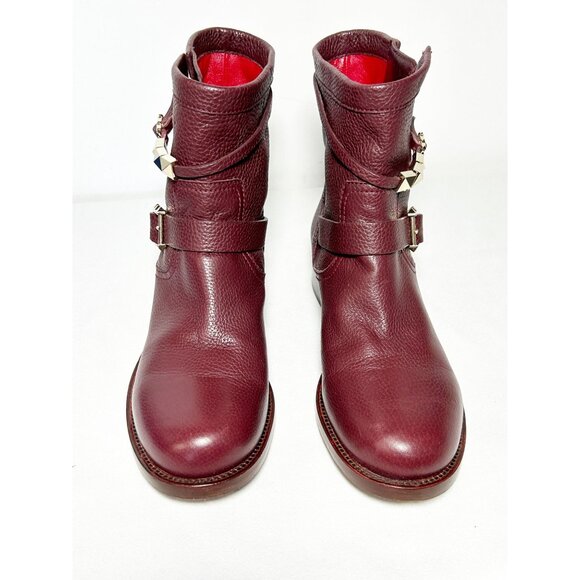 Valentino Garavani Pebbled Calfskin Rockstud Boots in Burgundy - Sz 40.5 (10.5) - Picture 4 of 10